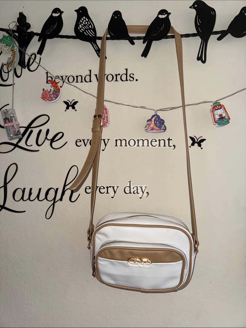 Classic White and Tan Crossbody Bag with Gold Accent